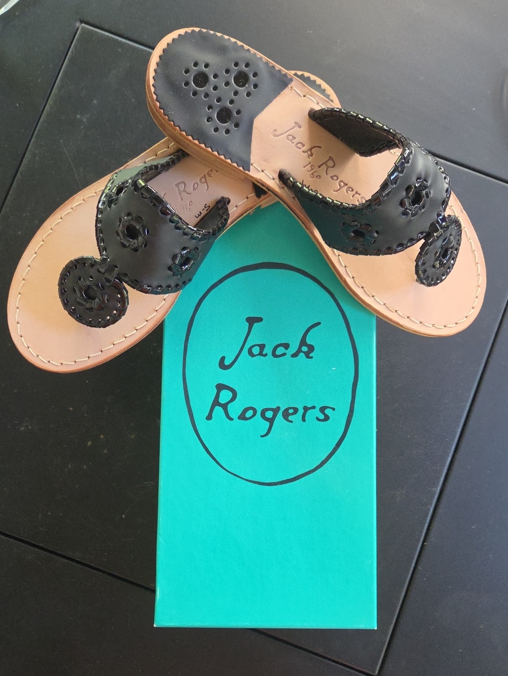 Jack Rogers Black Patent Sandals with Tan Footbed